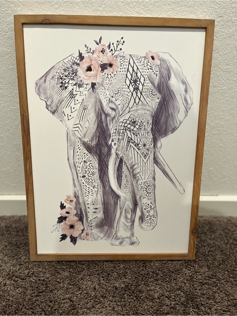 Floral Boho Elephant Framed Wall Art - Pink & Gray